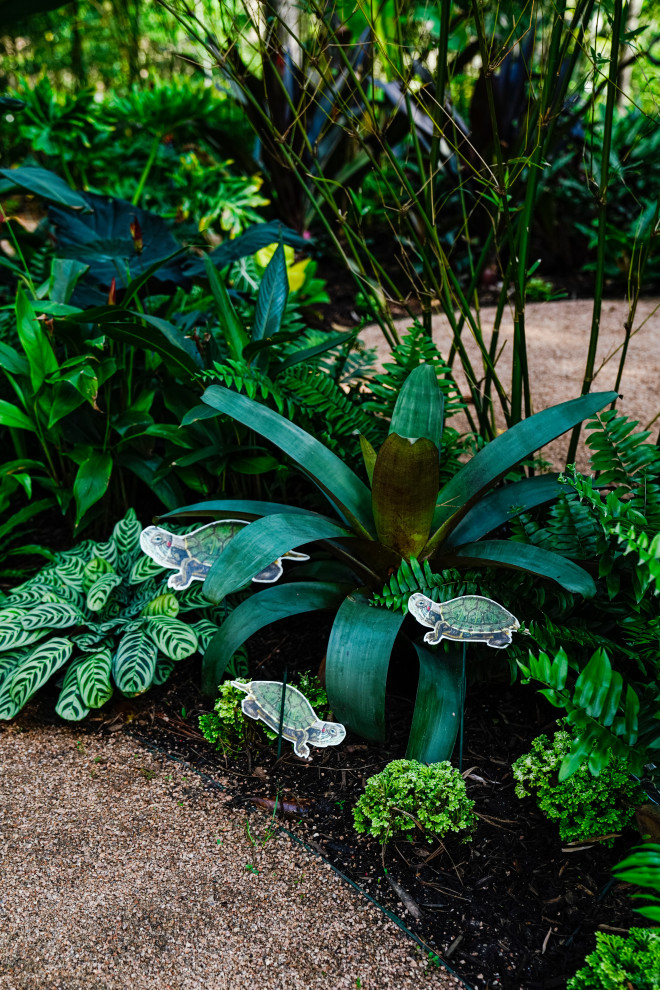 Esempio di un giardino formale tropicale esposto a mezz'ombra di medie dimensioni e dietro casa in primavera con un ingresso o sentiero e pavimentazioni in mattoni