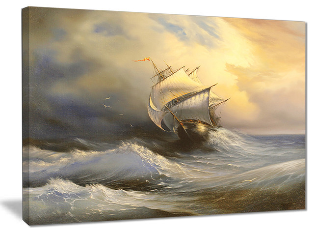 SHIP IN STORM STORMY SEA WAVES SAILBOAT SEASCAPE PAINTING ART REAL CANVAS PRINT