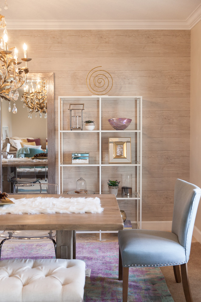 Inspiration for a mid-sized transitional dining room in Portland with beige walls and carpet.