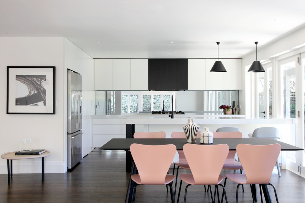 Inspiration for a contemporary open plan dining in Sydney with white walls, dark hardwood floors and brown floor.