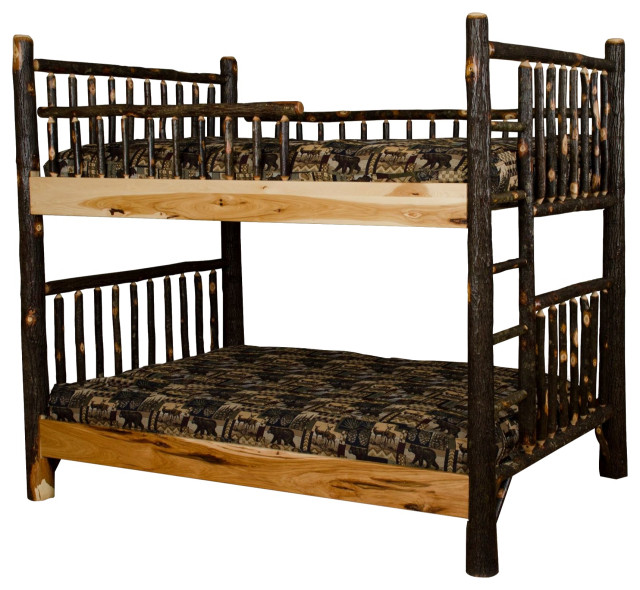 Hickory Log Bunk Bed, All Hickory, Queen Over Queen