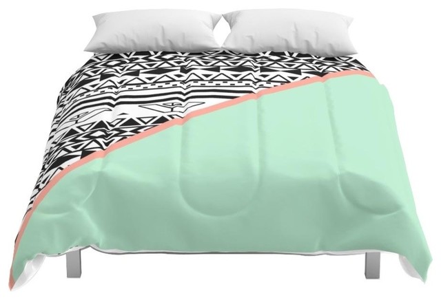 Society6 Block Black White Aztec Pattern Mint Green Colo Comforter
