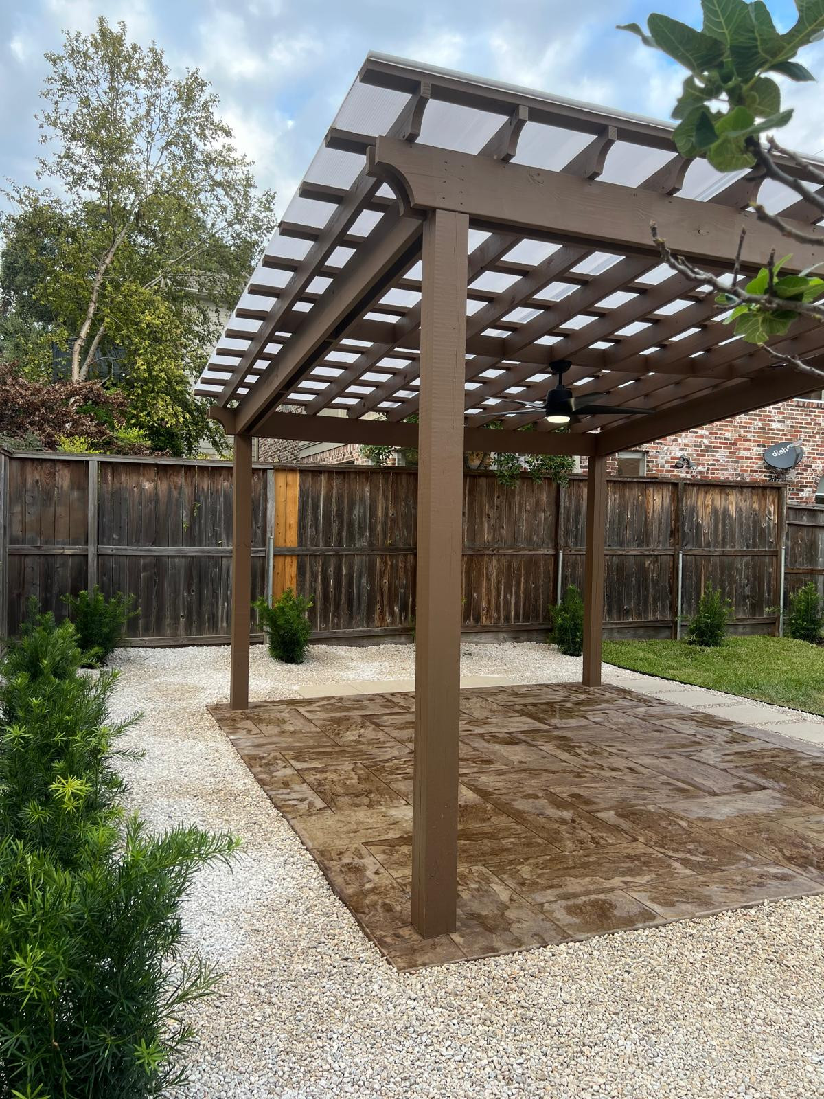 Beautiful stamped concrete patio with Pergola Cover on Haddon st!