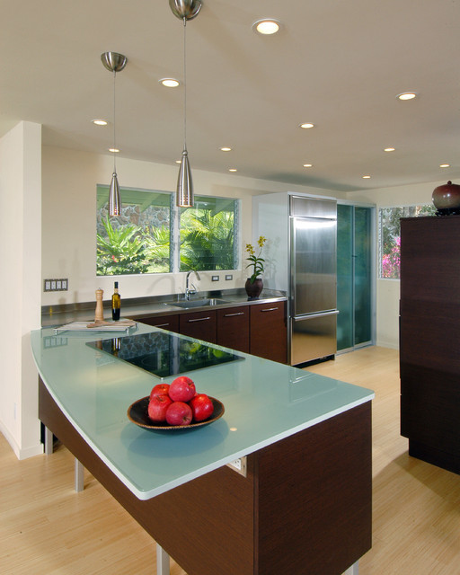 Photo of a mid-sized contemporary u-shaped kitchen in Austin with an undermount sink, flat-panel cabinets, dark wood cabinets, glass benchtops, stainless steel appliances, light hardwood floors, a peninsula, beige floor and blue benchtop.