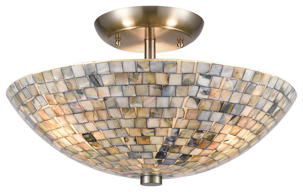 Capri 3Light Semi Flush Mount, Satin Nickel With GlasSet of Gray Capiz