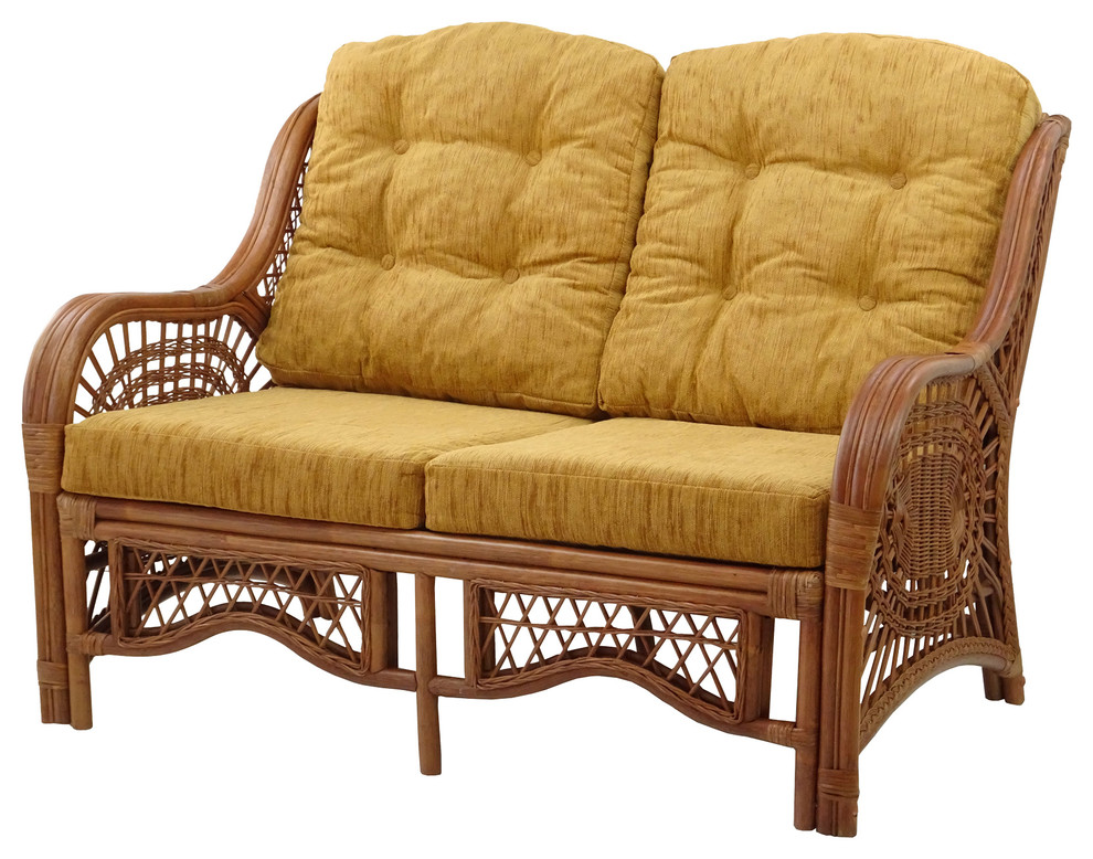 Lounge Malibu Loveseat Sofa Rattan Wicker With Light Brown Cushion, Colonial