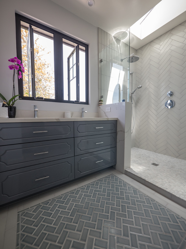 Gray Herringbone Tiles Bathroom with Tile Rug - Transitional - Bathroom ...