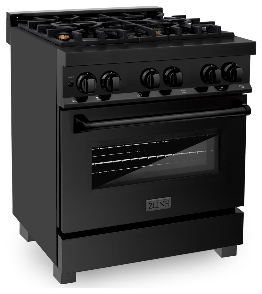 ZLINE 30" Dual Fuel Range, Black Stainless Steel With Brass Burners RAB