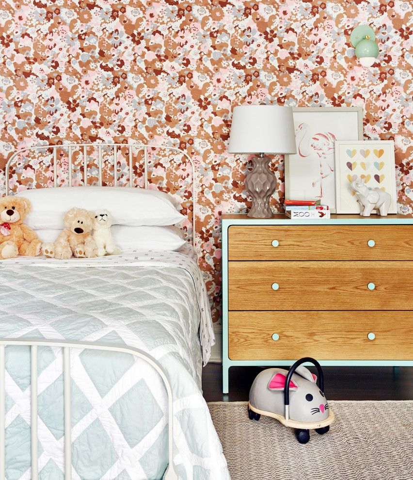 Mid-sized trendy guest dark wood floor and brown floor bedroom photo in New York with multicolored walls and no fireplace