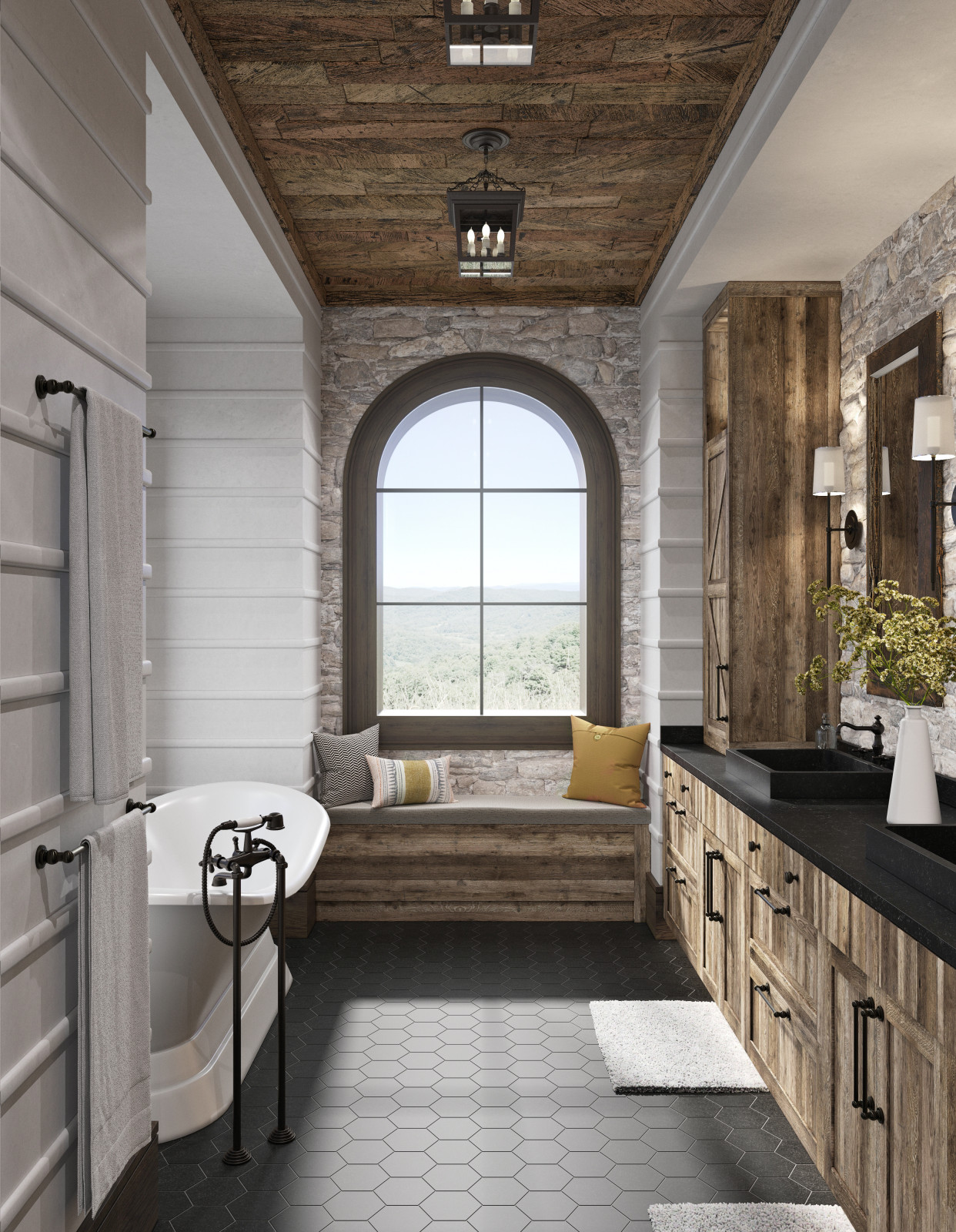Rustic bathroom in 2 layouts versions