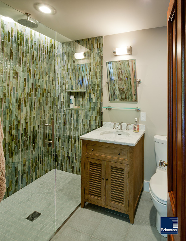 Photo of a traditional bathroom in Boston with a curbless shower.