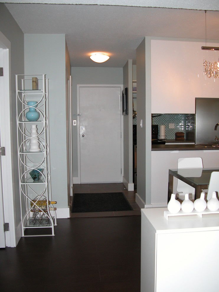Small contemporary front door in Edmonton with green walls, porcelain floors, a pivot front door and a white front door.