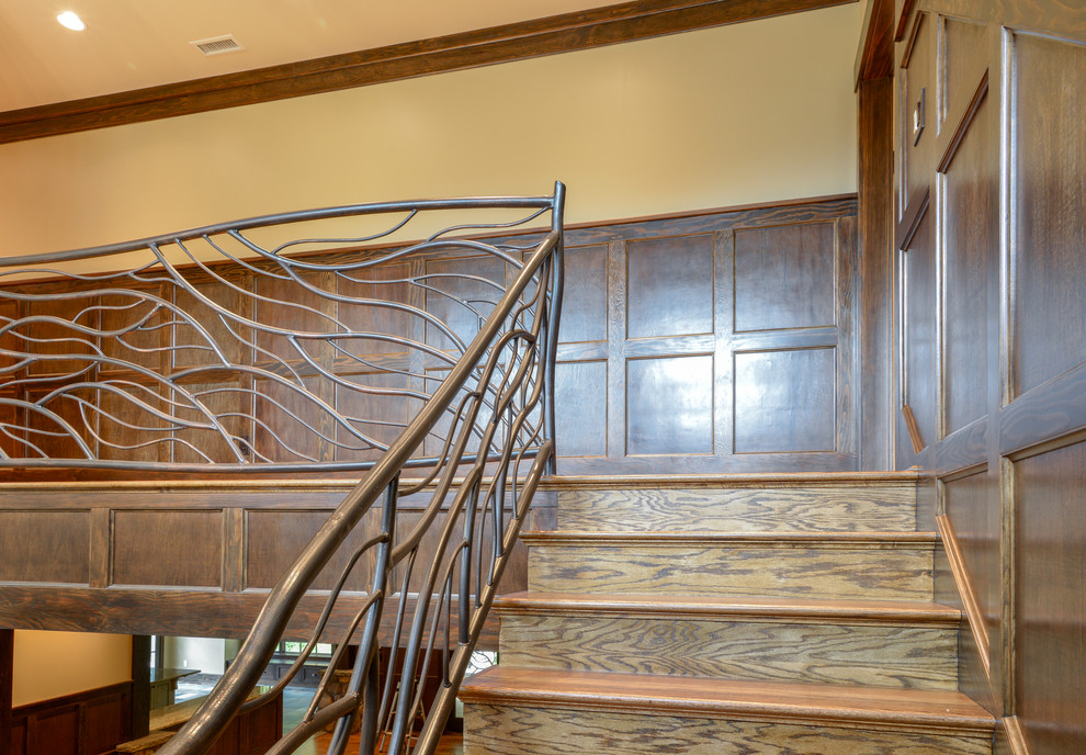 Staircase - large rustic wooden u-shaped metal railing staircase idea with wooden risers