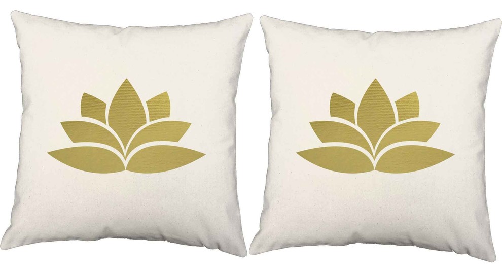 Gold Lotus Throw Pillows 18x18 White Cotton Cushions