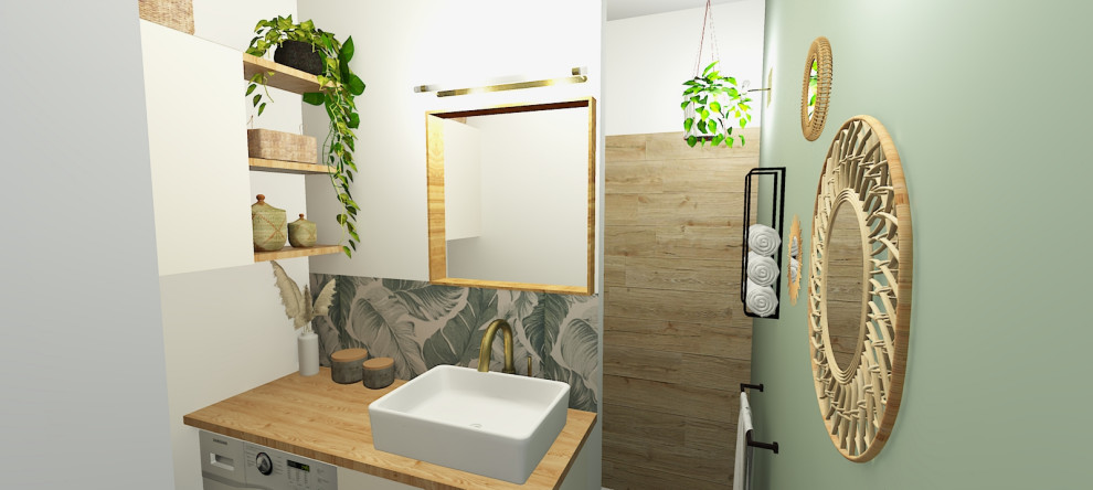 На фото: ванная комната в скандинавском стиле с плиткой под дерево, полом из плитки под дерево, душевой кабиной, столешницей из ламината и тумбой под одну раковину