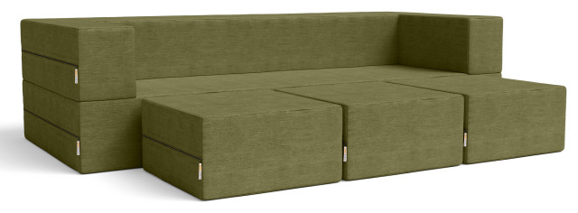 Jaxx Zipline Convertible Sleeper Sofa & Three Ottomans, Microvelvet - Moss