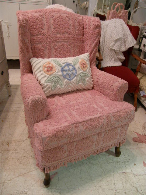 Shabby Chic Wingback Chair Slipcovered With Pink Vintage Chenille
