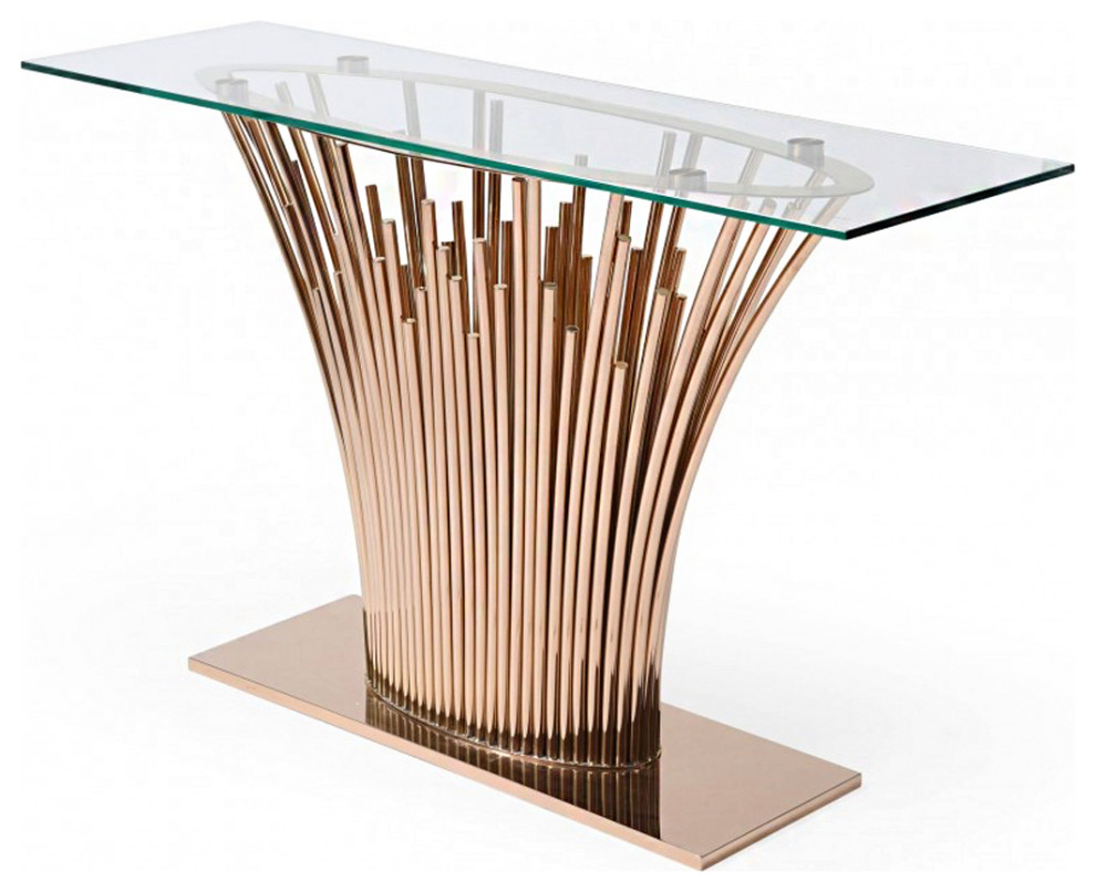 Gatsby Console Table, Lux Glam Rosegold Modern Entryway Table Glass Top