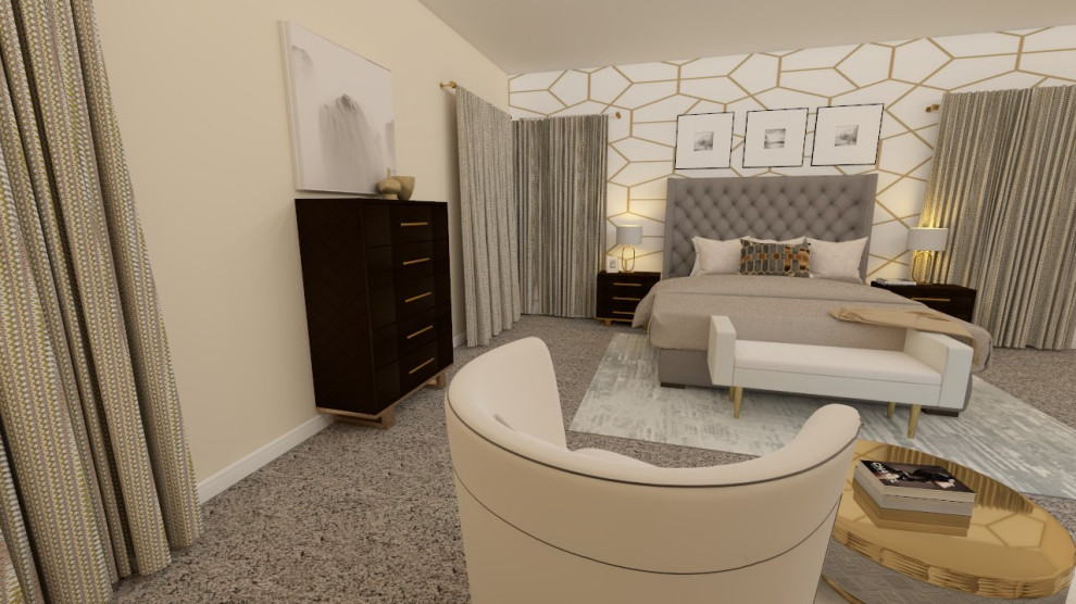 На фото: большая хозяйская спальня в стиле неоклассика (современная классика) с бежевыми стенами, ковровым покрытием, горизонтальным камином, серым полом, многоуровневым потолком и обоями на стенах