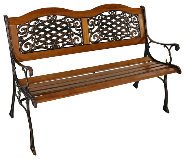 Sunnydaze 2 Person Ivy Crossweave Cast Iron Wood Patio Bench 49