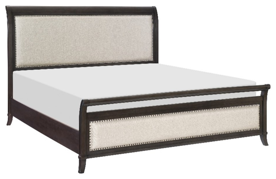 Lexicon Hebron CKing Bed with Upholstered Headboard in Dark Cherry/Beige