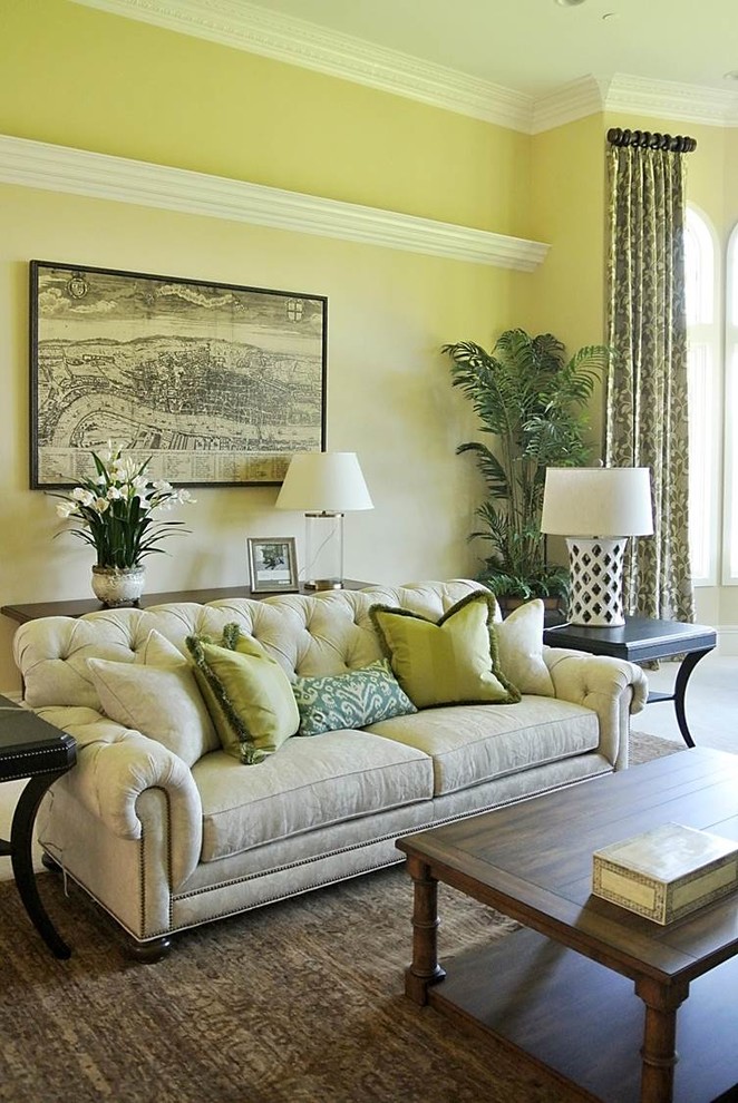 Inspiration for a large transitional formal enclosed living room in Seattle with yellow walls, carpet, a standard fireplace, a stone fireplace surround and no tv.