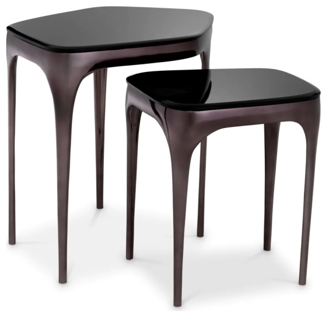 Black Glass Nesting Side Tables (2) Eichholtz Deacon Transitional