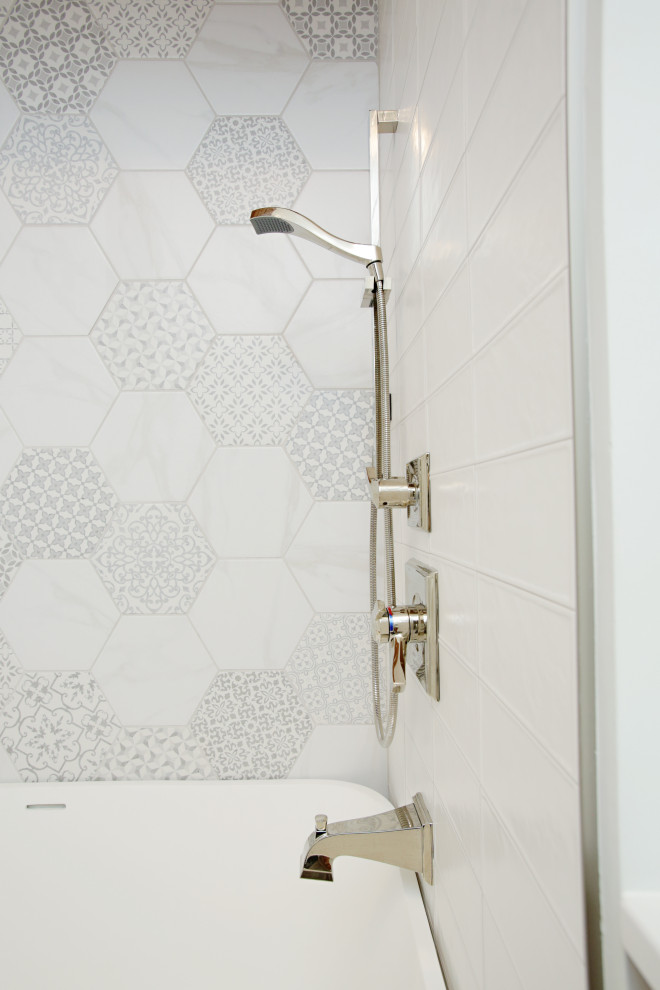 Inspiration for a transitional bathroom remodel in Kansas City with white walls