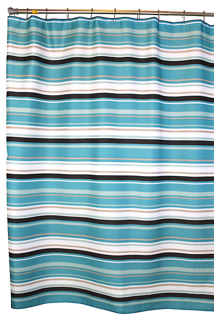 Teal Aqua Brown Taupe White Fabric Shower Curtain Canvas Striped