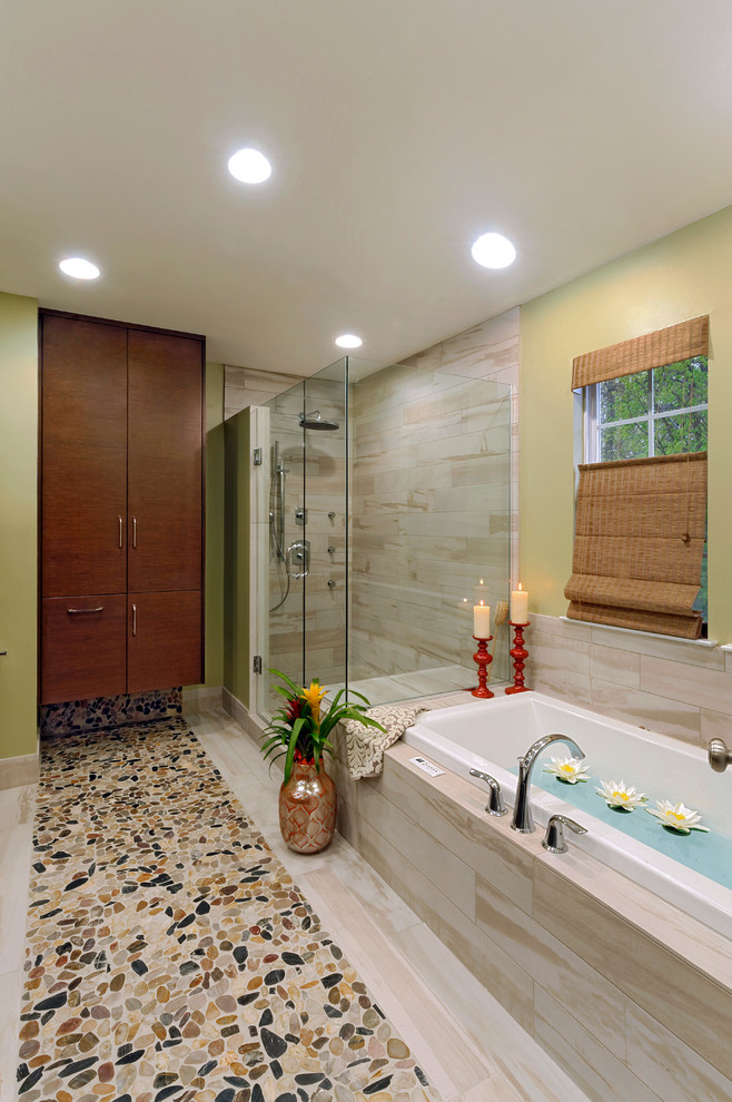 Inspiration for a mid-sized transitional master bathroom in DC Metro with an undermount sink, flat-panel cabinets, dark wood cabinets, a drop-in tub, a double shower, a two-piece toilet, multi-coloured tile, porcelain tile, green walls, porcelain floors and engineered quartz benchtops.