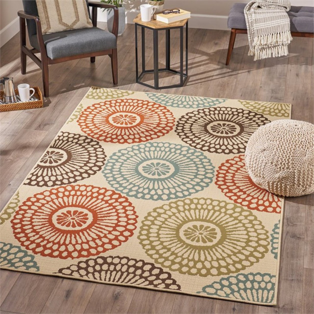 Noble House Anniston 90x63" Indoor Fabric Floral Area Rug in Beige and Blue