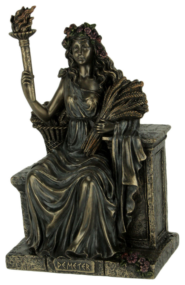 Demeter Goddess of The Harvest Sitting On Bench Holding Wheat and Torch Statue