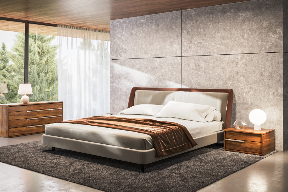This is an example of a mid-sized contemporary master bedroom in Other with brown walls, concrete floors, grey floor, wood and brick walls.