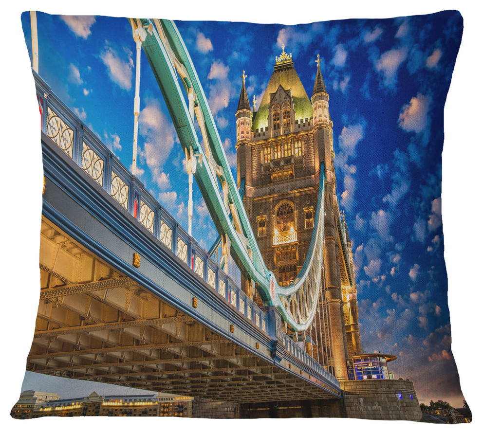 Lights On Tower Bridge Cityscape Photography Throw Pillow, 16"x16"