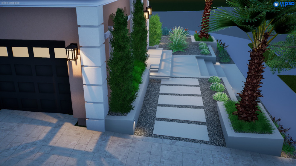 Inspiration för små moderna uppfarter i delvis sol framför huset, med marksten i betong