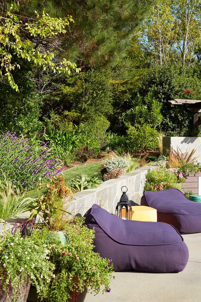 Inspiration for a large contemporary sloped partial sun garden for summer in San Francisco with a retaining wall and natural stone pavers.