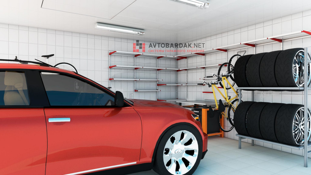 Проект № 14: гараж 35,25 кв м (компактная зона с верстаком, полками, колесами и