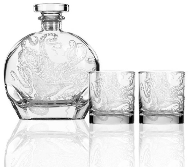 Lucy Octopus Kraken Decanter Set with Two Rocks 11 oz Glasses Estilo