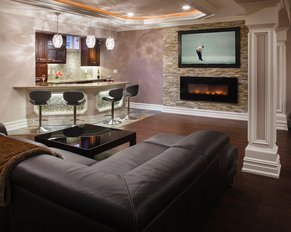 Inspiration for a modern dark wood floor basement remodel in New York with beige walls and a stone fireplace