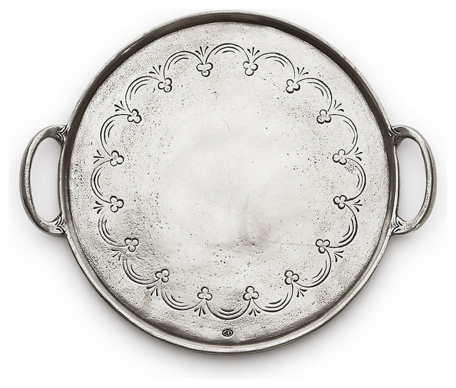 Vintage Pewter Round Tray With Handles Traditional Serving Trays