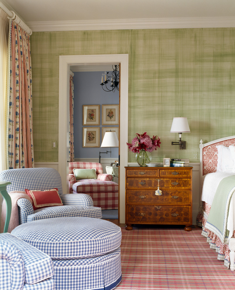 Inspiration for a traditional bedroom in Other with green walls.
