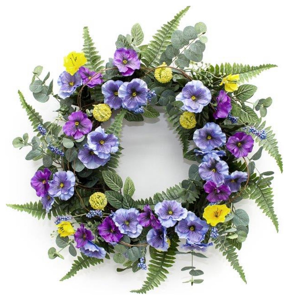 Melrose Polyester Pansy Wreath With Blue And Green Finish 82622DS Wreaths And Garlands by