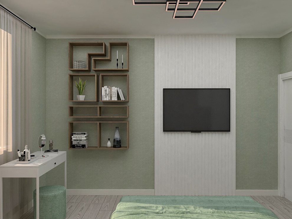 Спальня с системой хранения в изголовье кровати