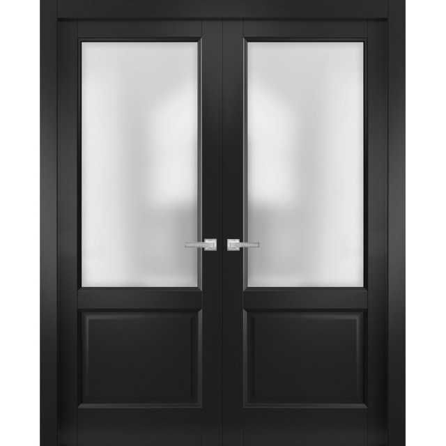 French Double Doors, Lucia 22 Black Frosted Glass, 36"x84" (2* 18x84