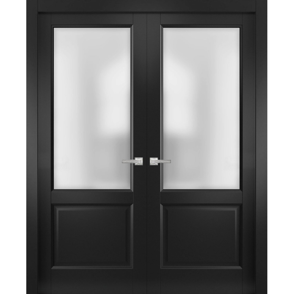 French Double Doors, Lucia 22 Black Frosted Glass, 36"x84" (2* 18x84