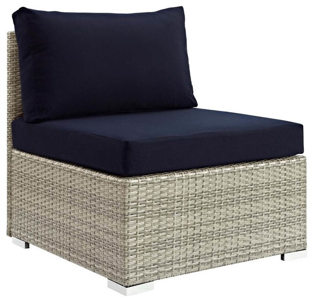 Repose Sunbrella Fabric Outdoor Patio Armless Chair Tropical Repose Sectional Sofa Outdoor Wicker Rattan Armless Chair Light Gray Navy