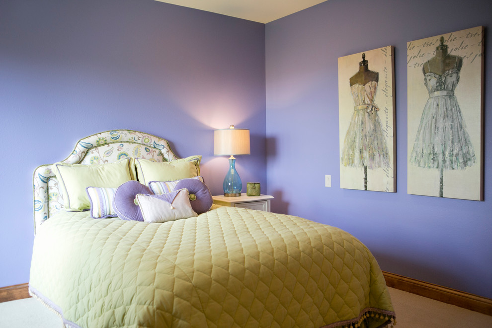Mid-sized traditional kids' room in Other with purple walls and carpet for girls.