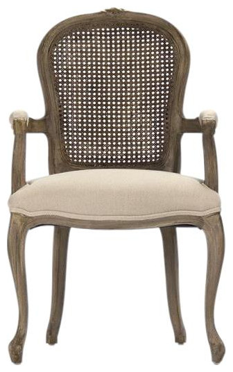 Arm Chair LYON Antique Oak Cane Wood Hemp Fabric