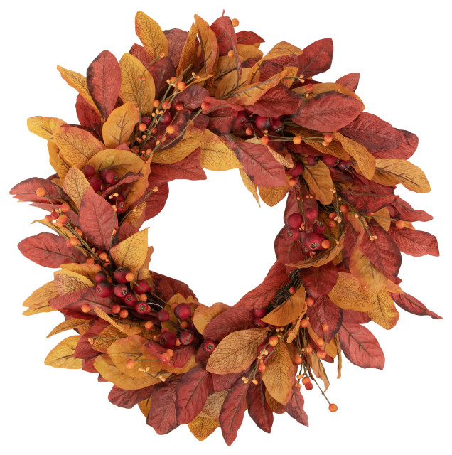 Berries with Leaves Artificial Fall Harvest Twig Wreath 24-Inch Unlit ...