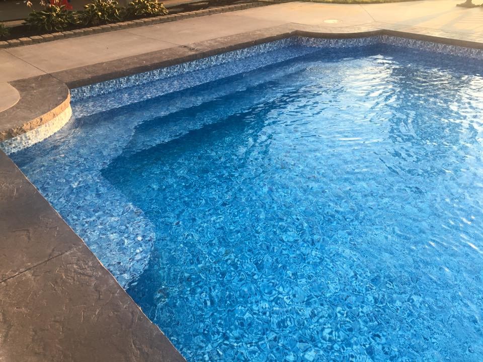 Example of a mid-sized minimalist backyard stamped concrete and rectangular lap pool design